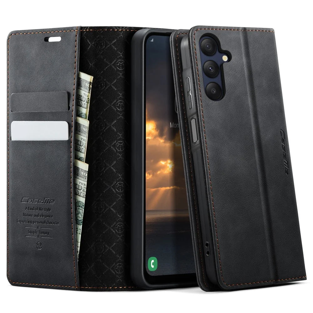 CASEME For Samsung Galaxy A25 5G (Global) (161.0 x 76.5 x 8.3mm) Case  033 Series RFID Blocking Wallet Stand Calf Texture Leather Phone Cover - Black - 1