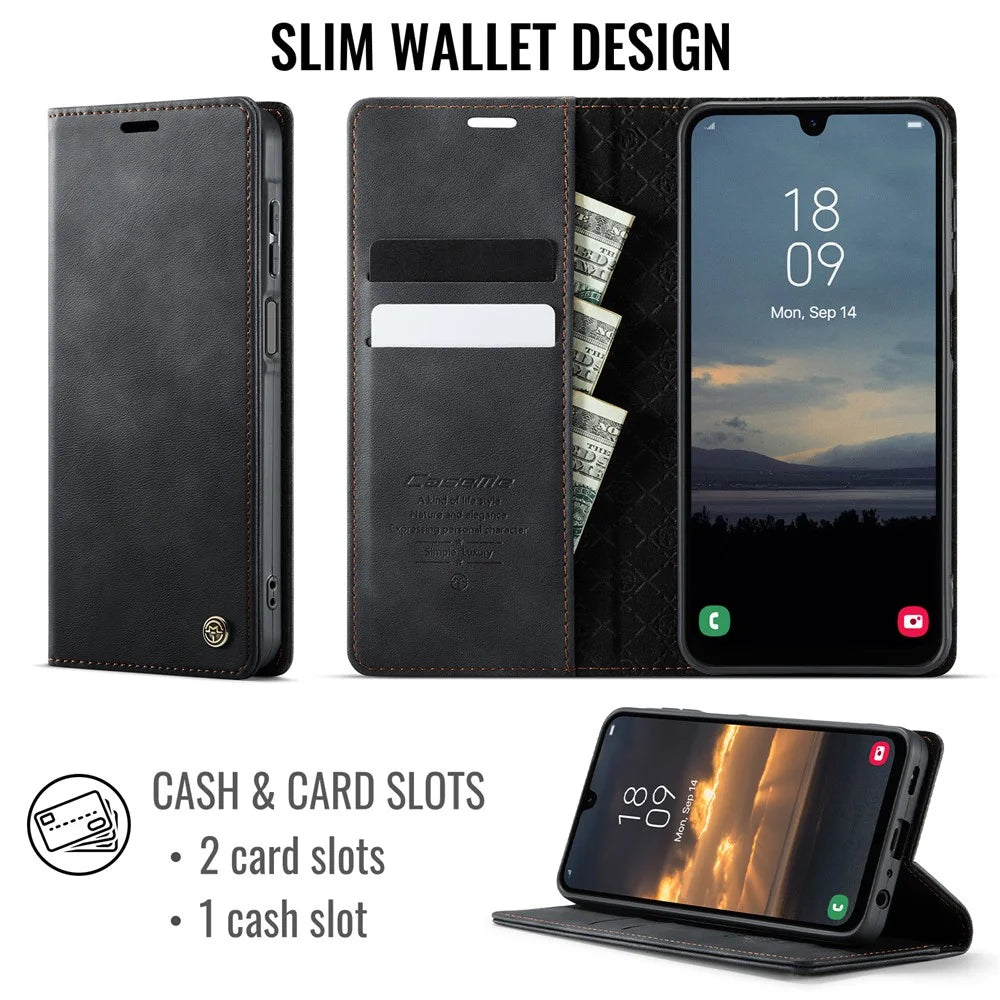 CASEME For Samsung Galaxy A25 5G (Global) (161.0 x 76.5 x 8.3mm) Case  033 Series RFID Blocking Wallet Stand Calf Texture Leather Phone Cover - Black - 2