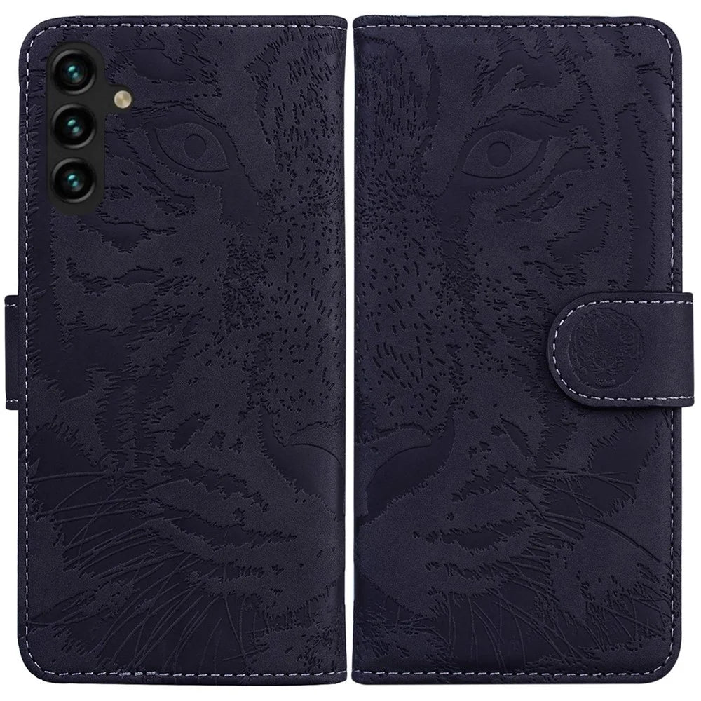 For Samsung Galaxy A14 5G / A14 4G Tiger Pattern Imprinted PU Leather Wallet All-round Protection Case Magnetic Clasp Phone Stand Cover - Black - 1