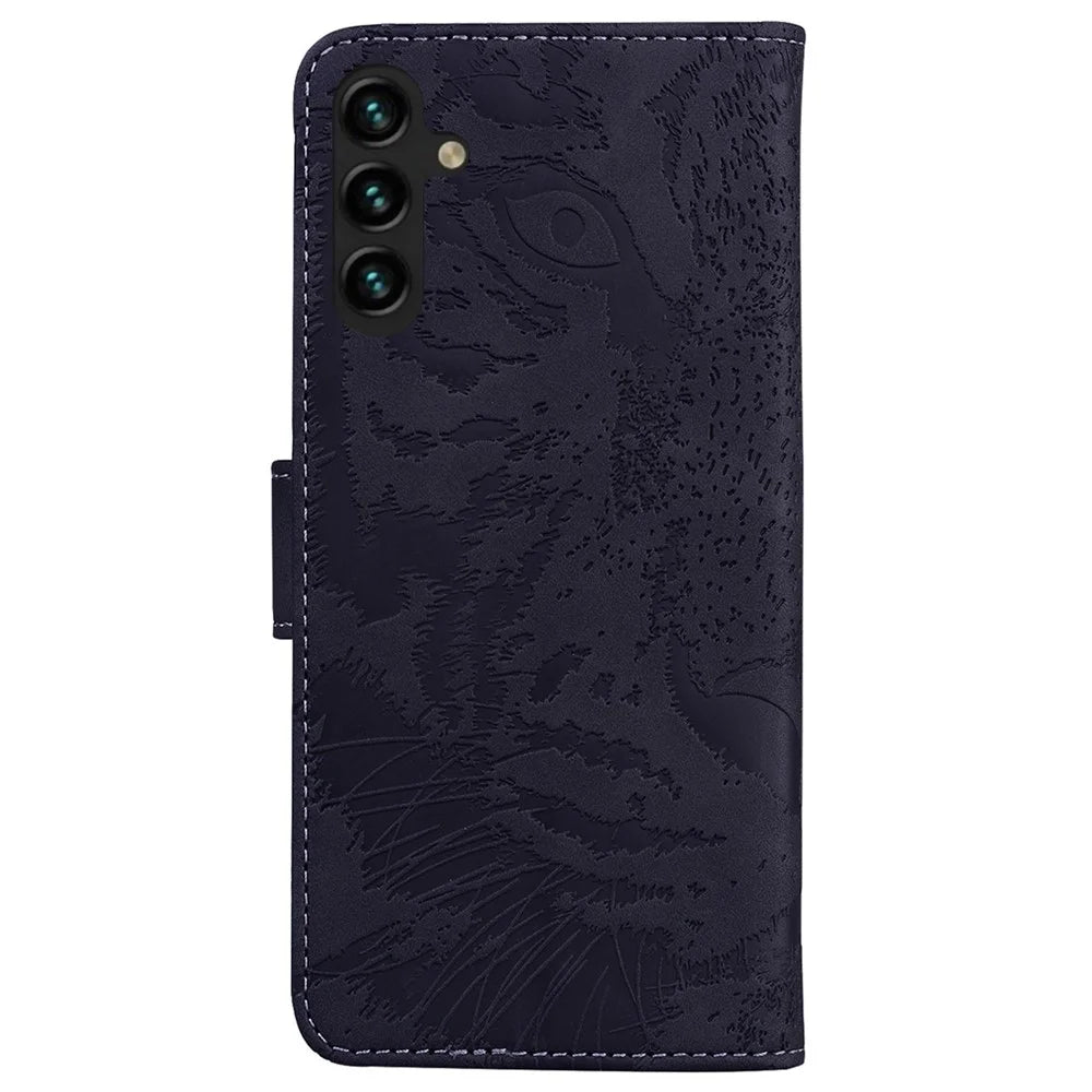 For Samsung Galaxy A14 5G / A14 4G Tiger Pattern Imprinted PU Leather Wallet All-round Protection Case Magnetic Clasp Phone Stand Cover - Black - 7