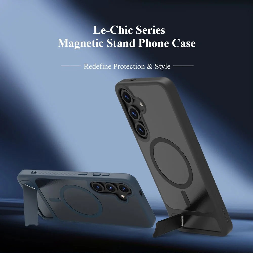 LEREACH Le-Chic Series For Samsung Galaxy S25+ / S24+ Magnetic Case Kickstand TPU + PC Phone Cover - Black - 6