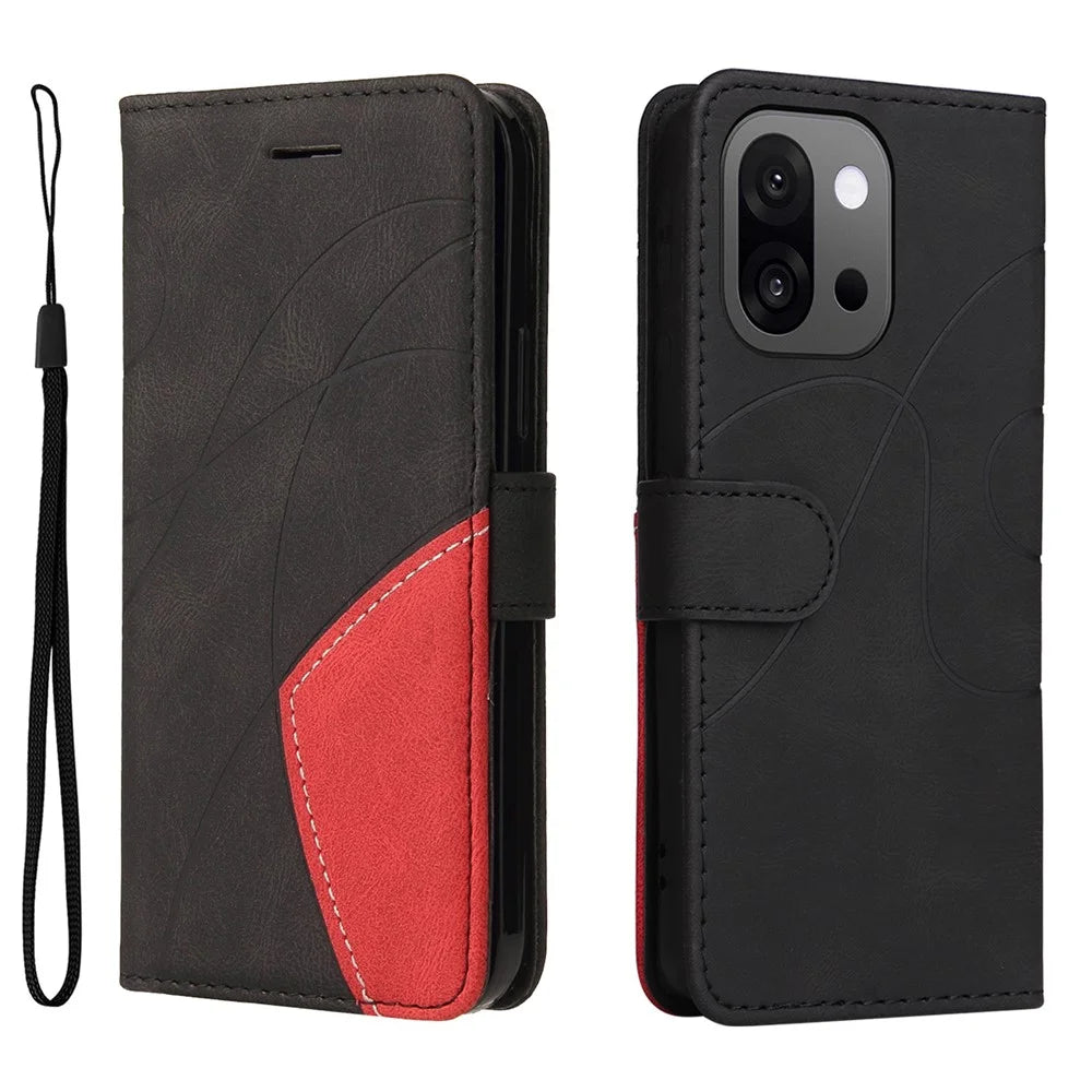 For OnePlus 13T 5G Leather Phone Case Stand Wallet with Bi-colour Splicing Design - Black - 1