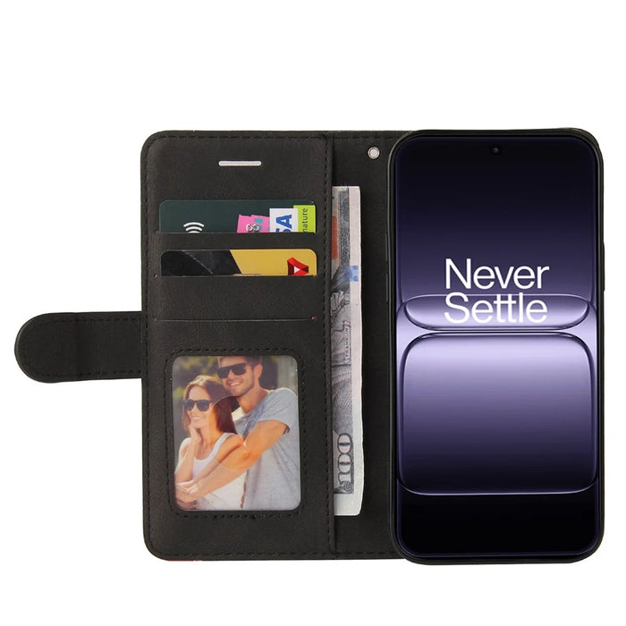 For OnePlus 13T 5G Leather Phone Case Stand Wallet with Bi-colour Splicing Design - Black - 2
