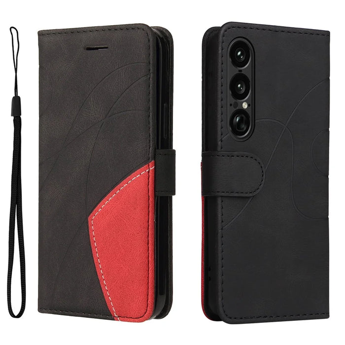 For Sony Xperia 1 VII Leather Phone Case Stand Wallet with Bi-colour Splicing Design - Black - 1