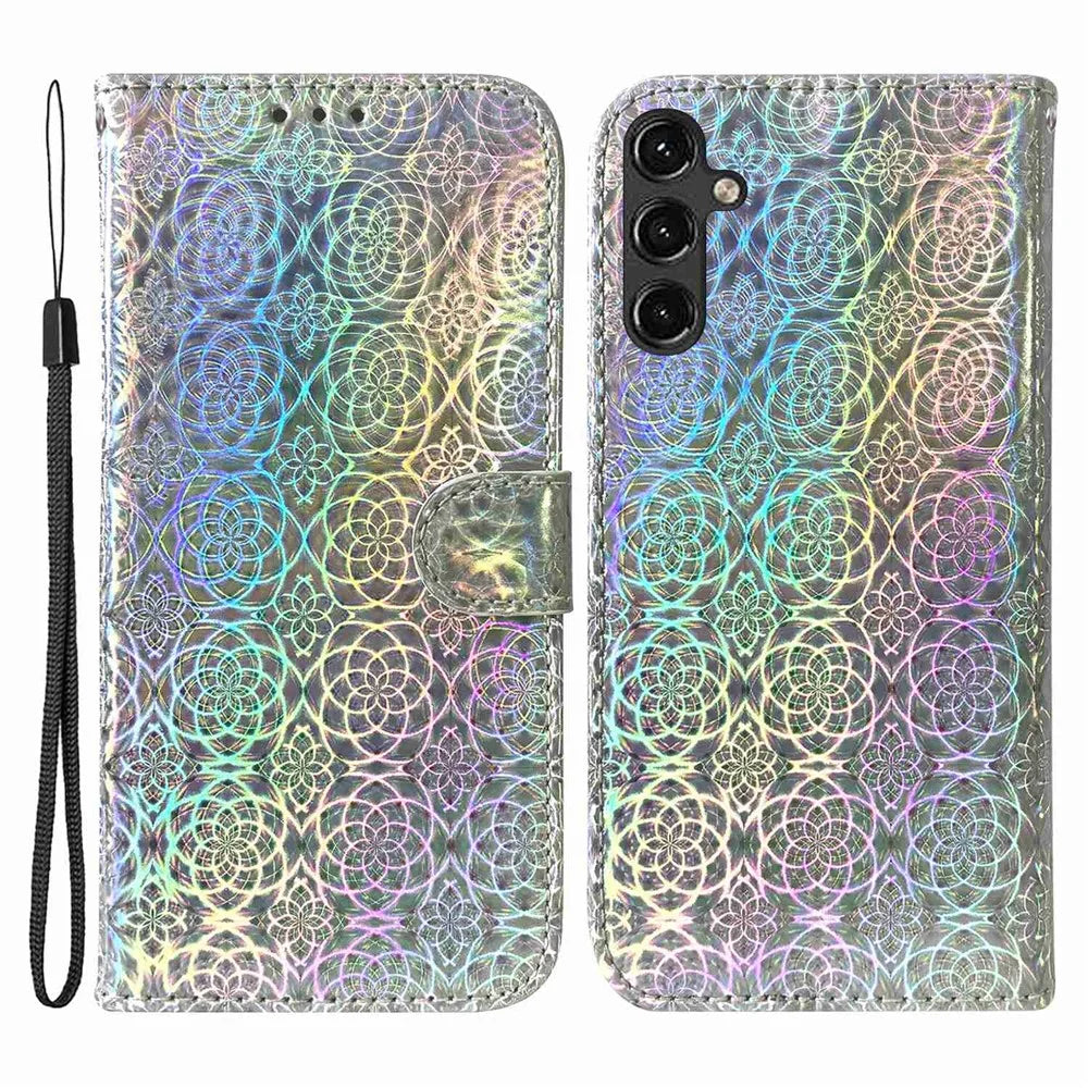For Samsung Galaxy A14 5G / A14 4G Dazzling Flower Pattern Stand Wallet Case PU Leather Full Protection Phone Cover with Strap - Grey - 1