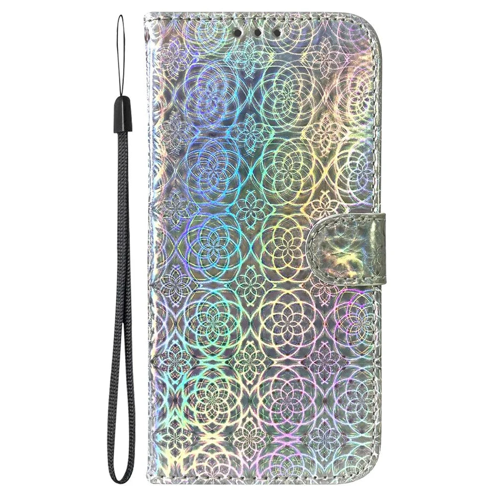 For Samsung Galaxy A14 5G / A14 4G Dazzling Flower Pattern Stand Wallet Case PU Leather Full Protection Phone Cover with Strap - Grey - 6