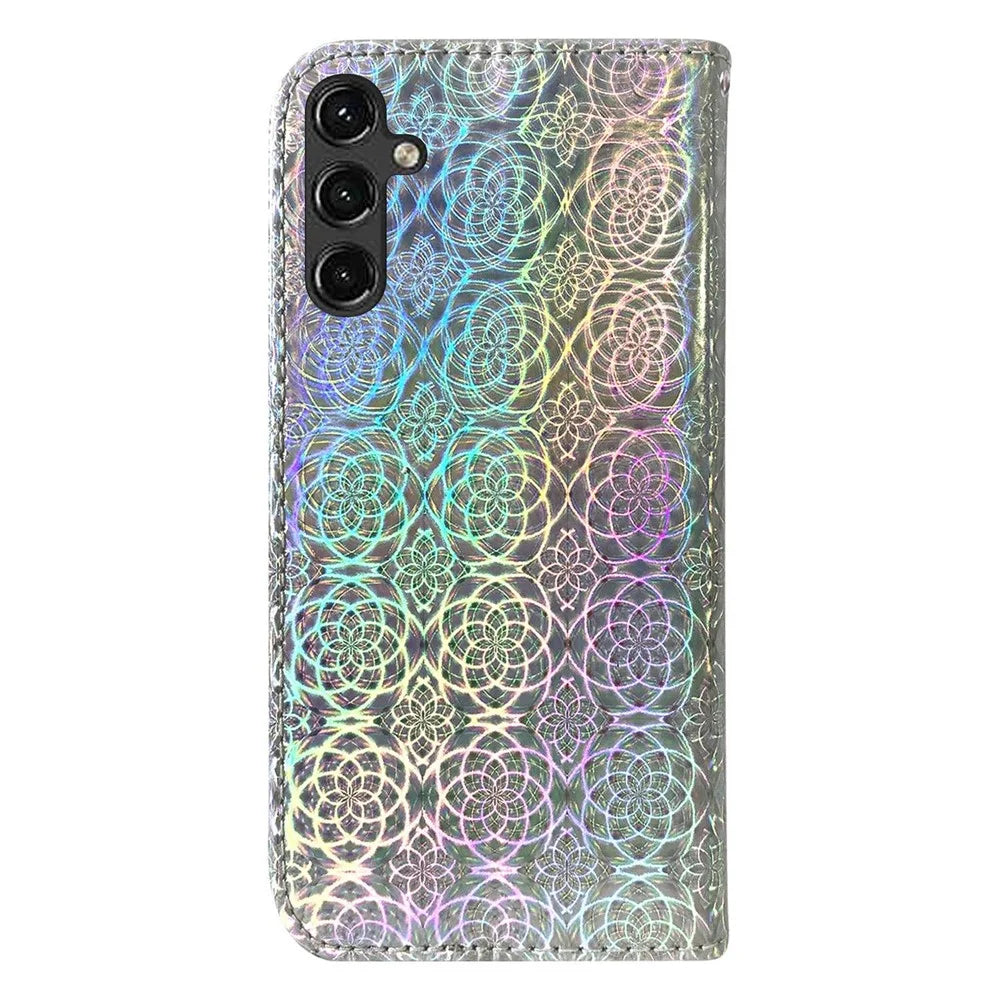 For Samsung Galaxy A14 5G / A14 4G Dazzling Flower Pattern Stand Wallet Case PU Leather Full Protection Phone Cover with Strap - Grey - 7