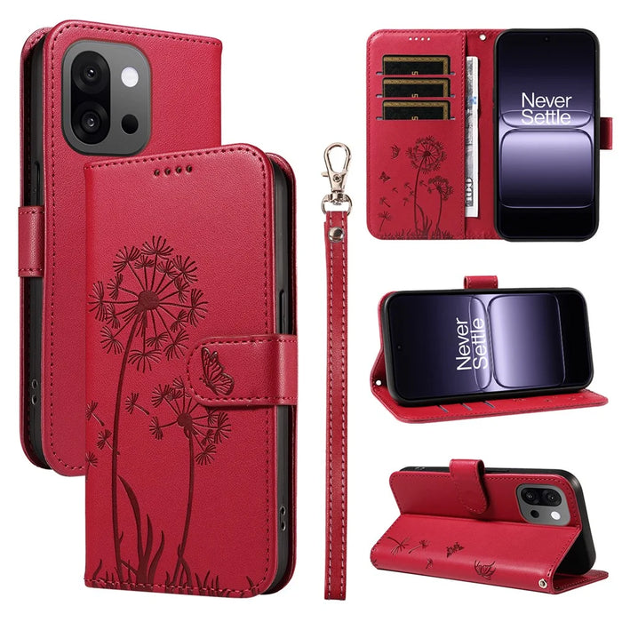 For OnePlus 13T 5G Leather Wallet Case with Strap Dandelion Imprint Phone Stand Cover - Red - 1