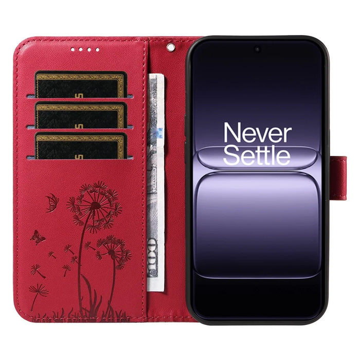For OnePlus 13T 5G Leather Wallet Case with Strap Dandelion Imprint Phone Stand Cover - Red - 2