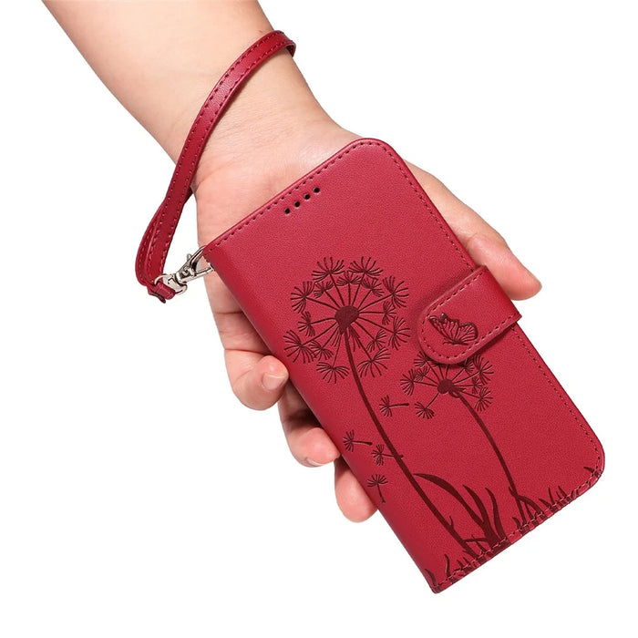 For OnePlus 13T 5G Leather Wallet Case with Strap Dandelion Imprint Phone Stand Cover - Red - 7