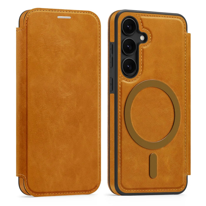For Samsung Galaxy S24 Magnetic Case RFID Blocking Card Holder Leather Phone Cover - Brown - 1