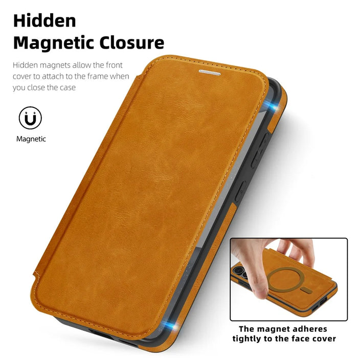 For Samsung Galaxy S24 Magnetic Case RFID Blocking Card Holder Leather Phone Cover - Brown - 4