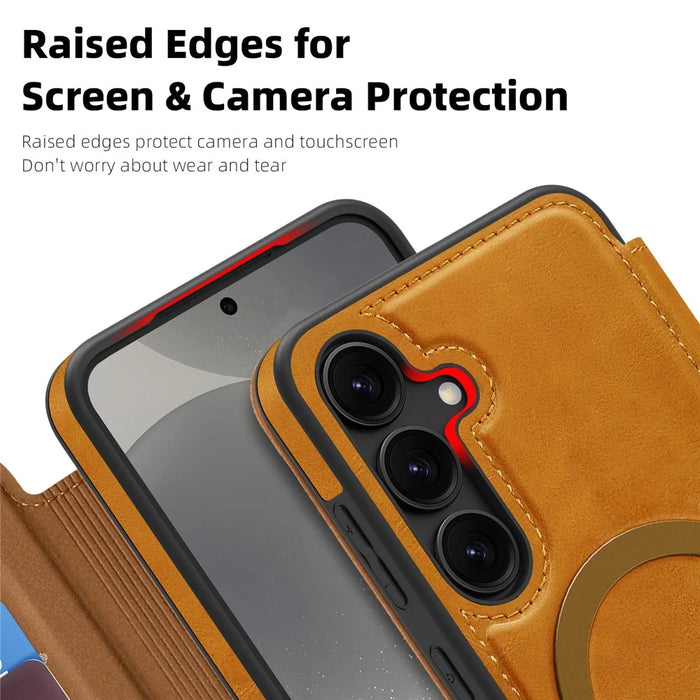 For Samsung Galaxy S24 Magnetic Case RFID Blocking Card Holder Leather Phone Cover - Brown - 6