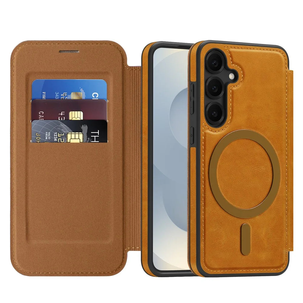 For Samsung Galaxy S25 Magnetic Case RFID Blocking Card Holder Leather Phone Cover - Brown - 2