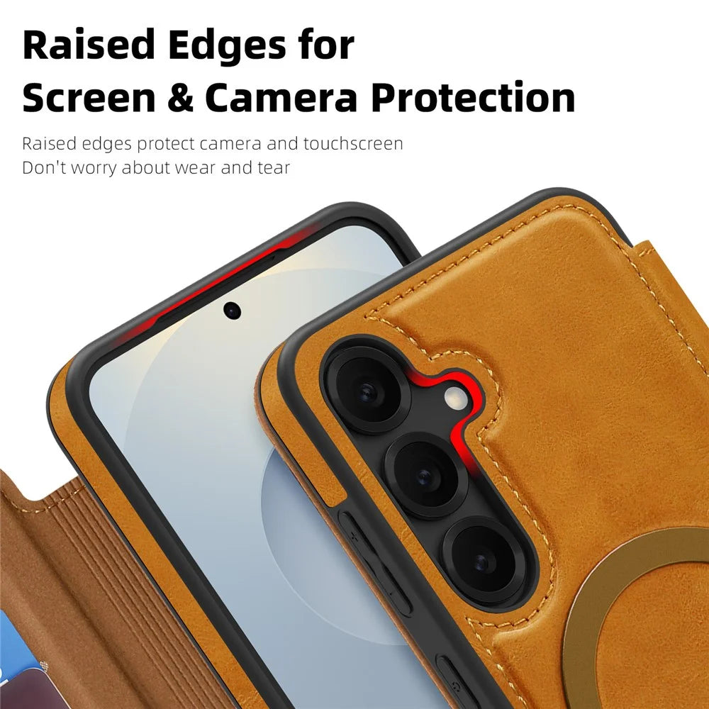 For Samsung Galaxy S25 Magnetic Case RFID Blocking Card Holder Leather Phone Cover - Brown - 5