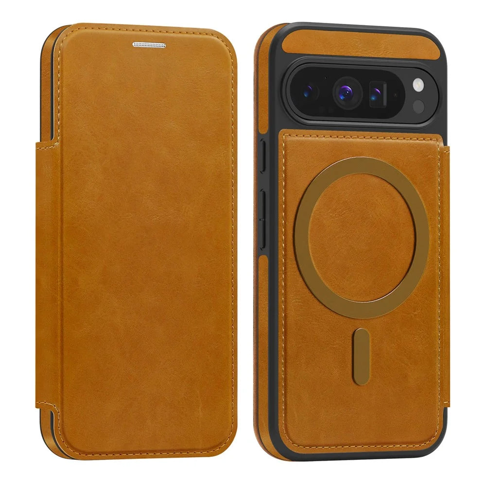 For Google Pixel 9 Pro Magnetic Case RFID Blocking Card Holder Leather Phone Cover - Brown - 1