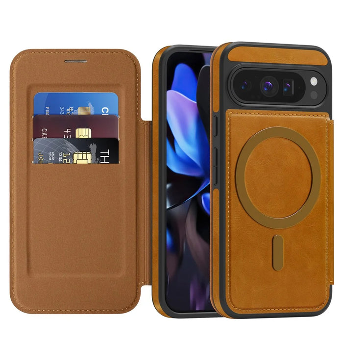 For Google Pixel 9 Pro Magnetic Case RFID Blocking Card Holder Leather Phone Cover - Brown - 2