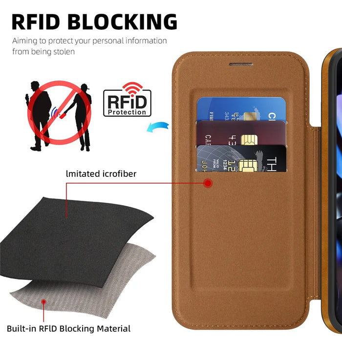 For Google Pixel 9 Pro Magnetic Case RFID Blocking Card Holder Leather Phone Cover - Brown - 3
