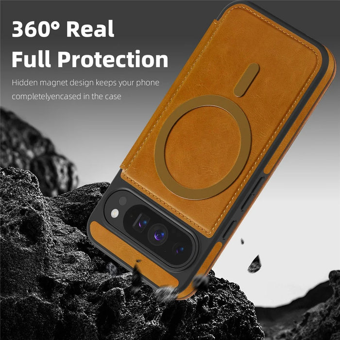 For Google Pixel 9 Pro Magnetic Case RFID Blocking Card Holder Leather Phone Cover - Brown - 4