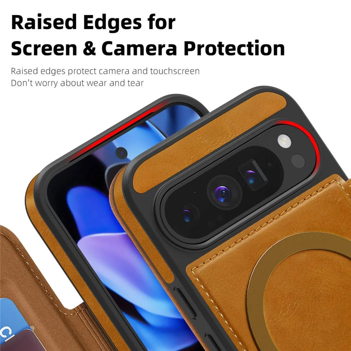 For Google Pixel 9 Pro Magnetic Case RFID Blocking Card Holder Leather Phone Cover - Brown - 5