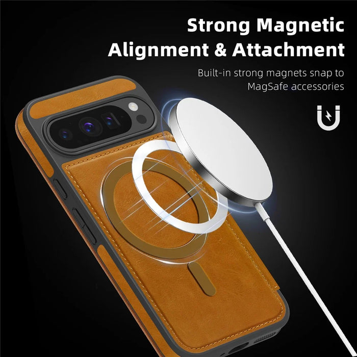 For Google Pixel 9 Pro Magnetic Case RFID Blocking Card Holder Leather Phone Cover - Brown - 6