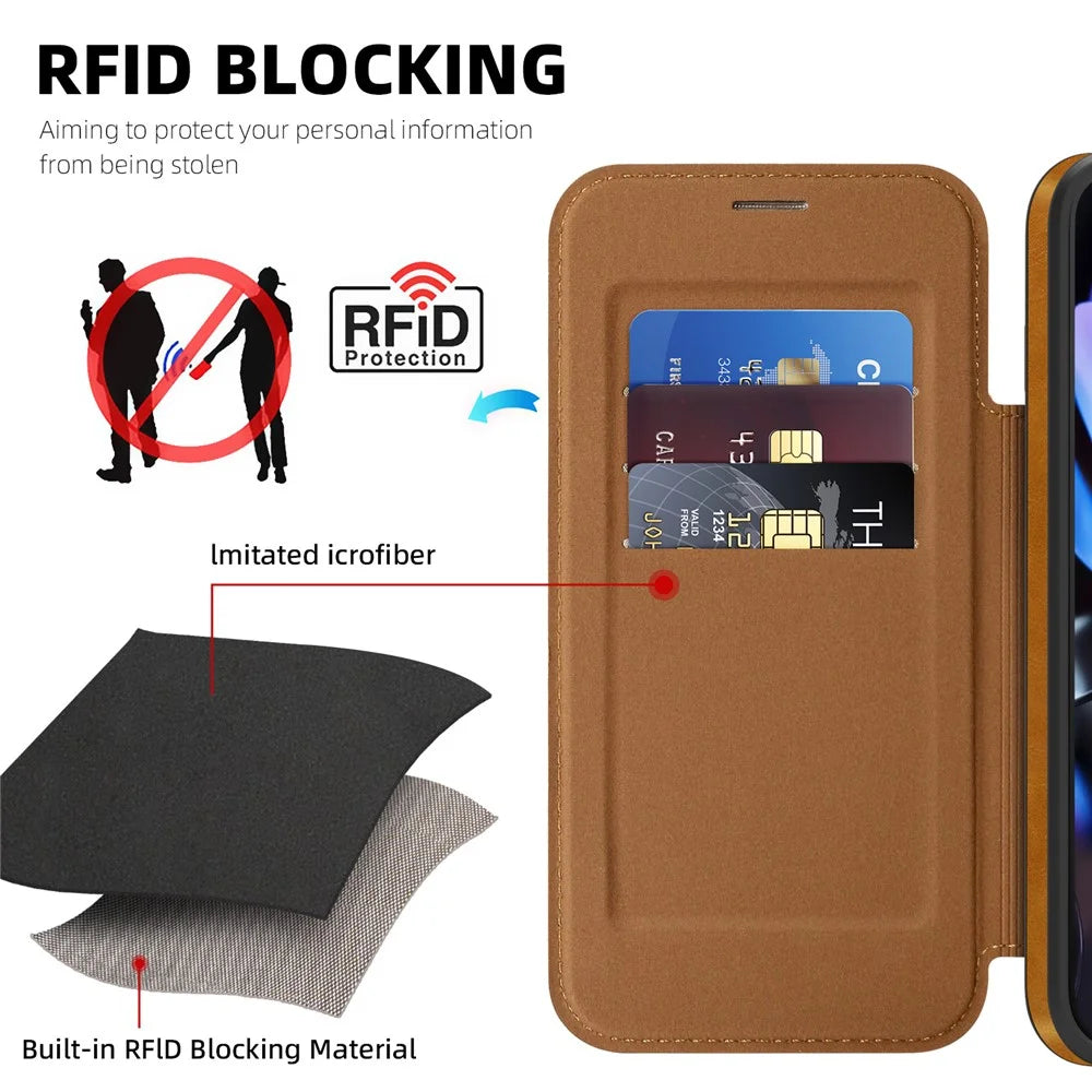 For Google Pixel 9 Pro XL Magnetic Case RFID Blocking Card Holder Leather Phone Cover - Brown - 3