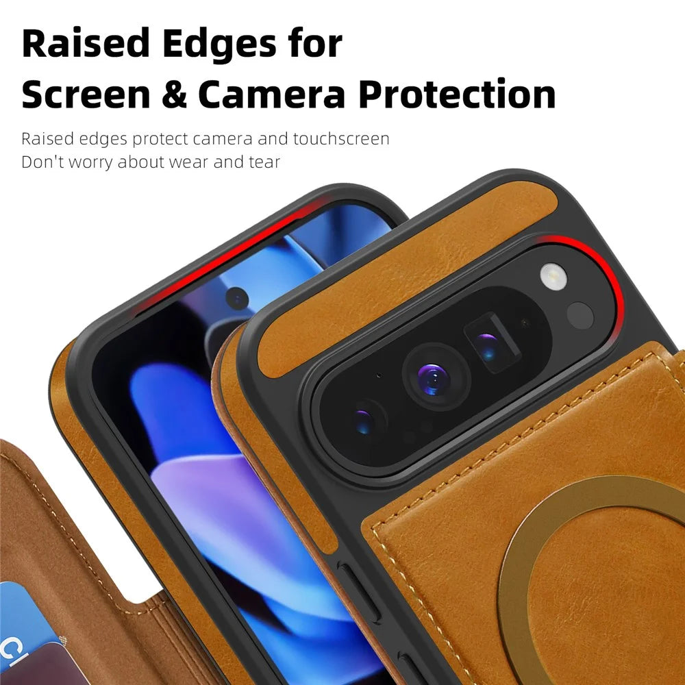 For Google Pixel 9 Pro XL Magnetic Case RFID Blocking Card Holder Leather Phone Cover - Brown - 6