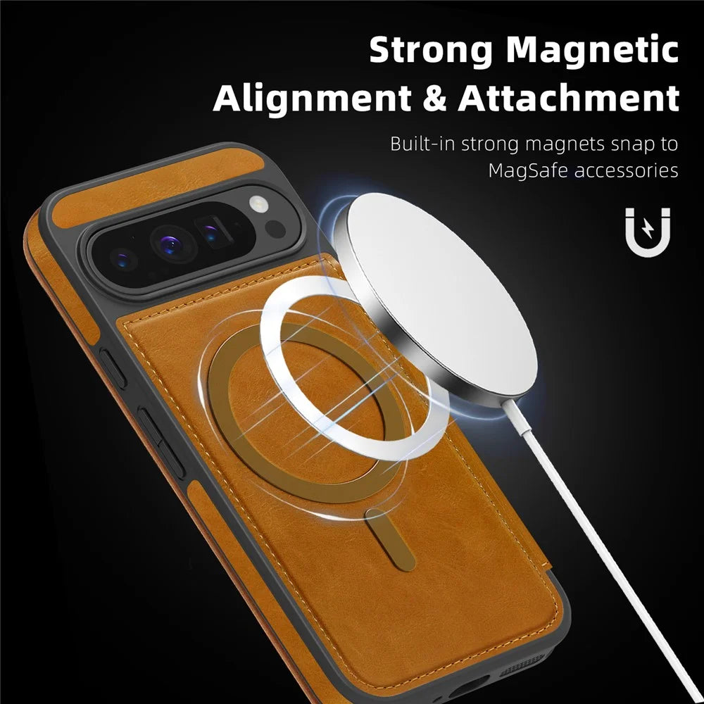 For Google Pixel 9 Pro XL Magnetic Case RFID Blocking Card Holder Leather Phone Cover - Brown - 7