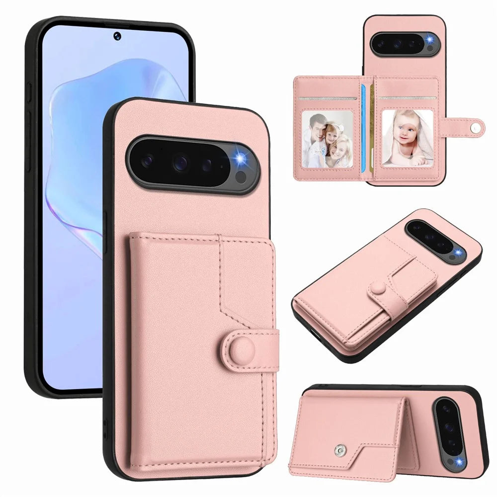 For Google Pixel 10 Pro XL Case RFID Blocking Card Holder Kickstand TPU + PU Leather Phone Back Cover - Rose Gold - 1