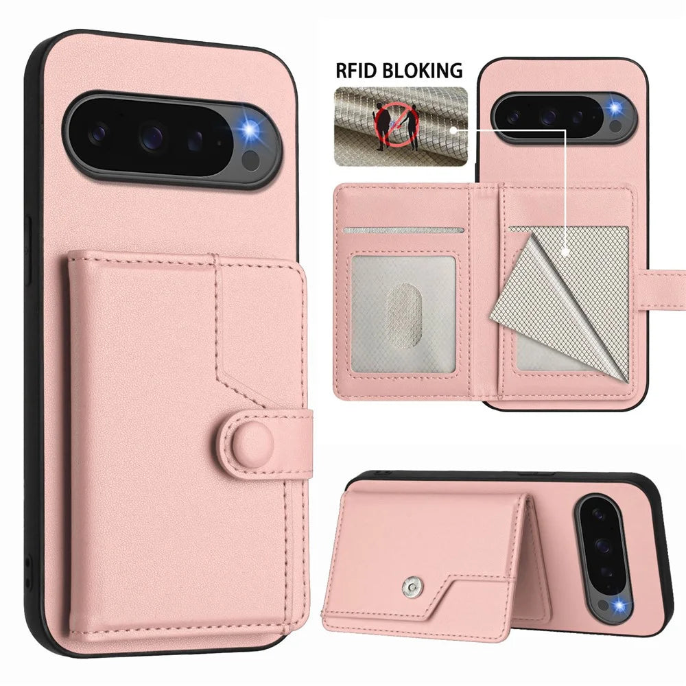 For Google Pixel 10 Pro XL Case RFID Blocking Card Holder Kickstand TPU + PU Leather Phone Back Cover - Rose Gold - 3