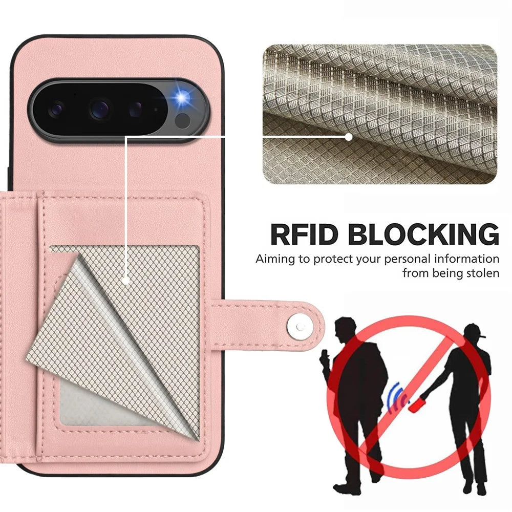 For Google Pixel 10 Pro XL Case RFID Blocking Card Holder Kickstand TPU + PU Leather Phone Back Cover - Rose Gold - 4