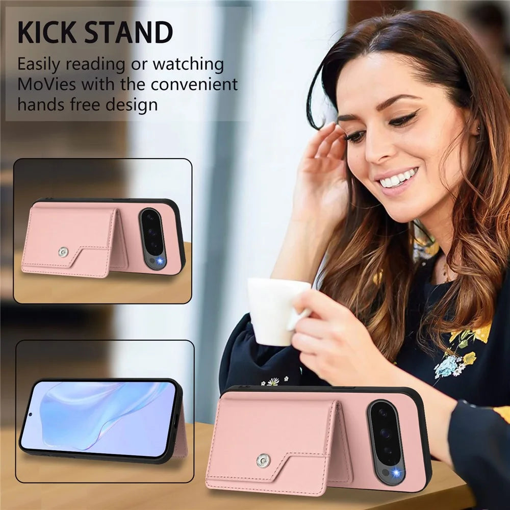 For Google Pixel 10 Pro XL Case RFID Blocking Card Holder Kickstand TPU + PU Leather Phone Back Cover - Rose Gold - 7