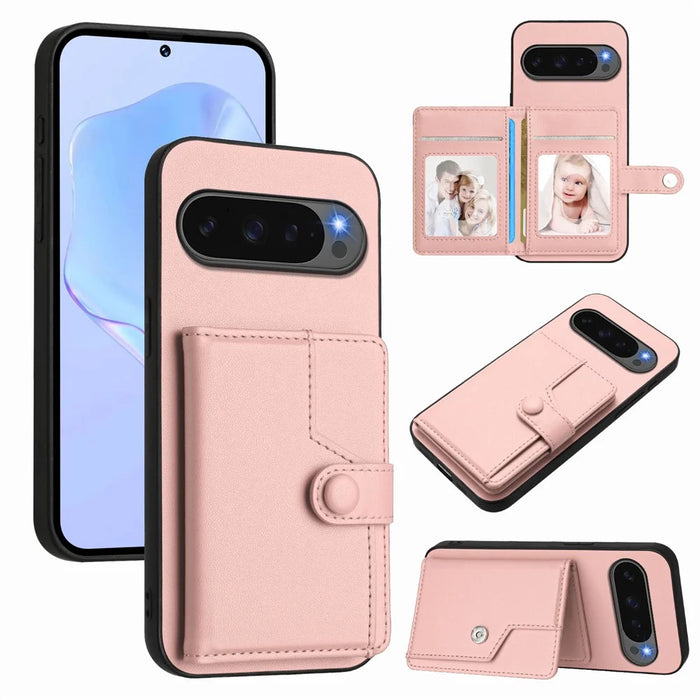 For Google Pixel 10 Pro / Google Pixel 10 Case RFID Blocking Card Holder Kickstand TPU + PU Leather Phone Back Cover - Rose Gold - 1
