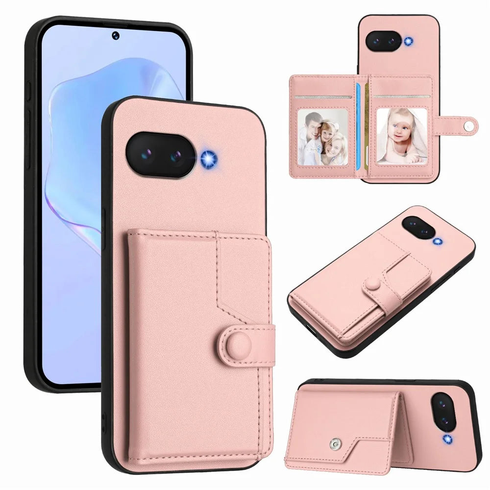 For Google Pixel 9a Case RFID Blocking Card Holder Kickstand TPU + PU Leather Phone Back Cover - Rose Gold - 1