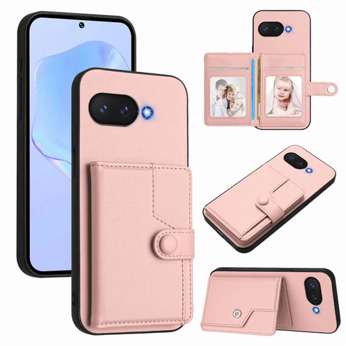 For Google Pixel 9a Case RFID Blocking Card Holder Kickstand TPU + PU Leather Phone Back Cover - Rose Gold - 1