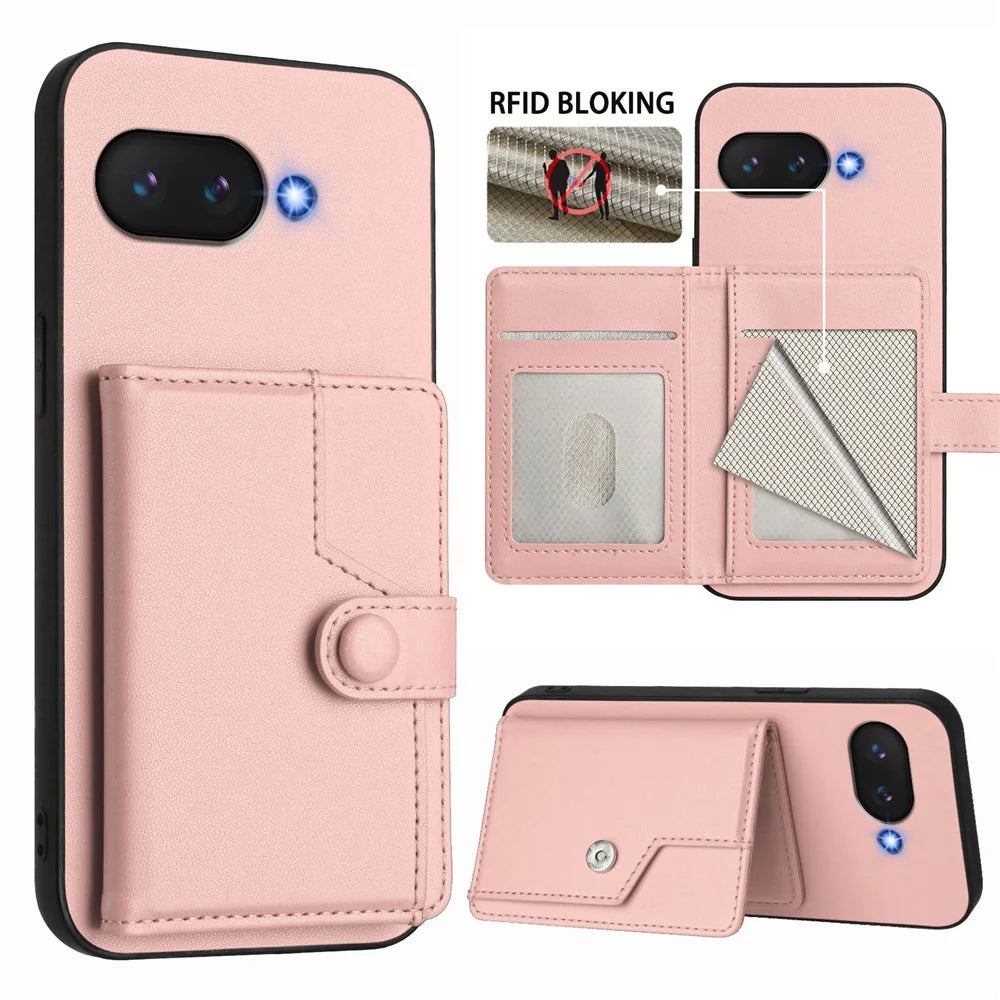 For Google Pixel 9a Case RFID Blocking Card Holder Kickstand TPU + PU Leather Phone Back Cover - Rose Gold - 3