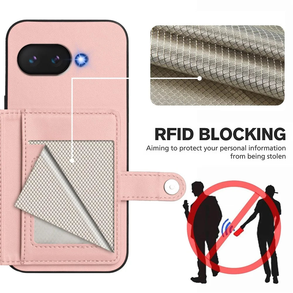 For Google Pixel 9a Case RFID Blocking Card Holder Kickstand TPU + PU Leather Phone Back Cover - Rose Gold - 4