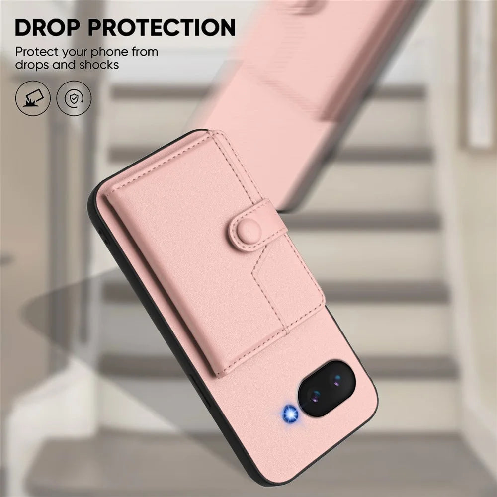 For Google Pixel 9a Case RFID Blocking Card Holder Kickstand TPU + PU Leather Phone Back Cover - Rose Gold - 5