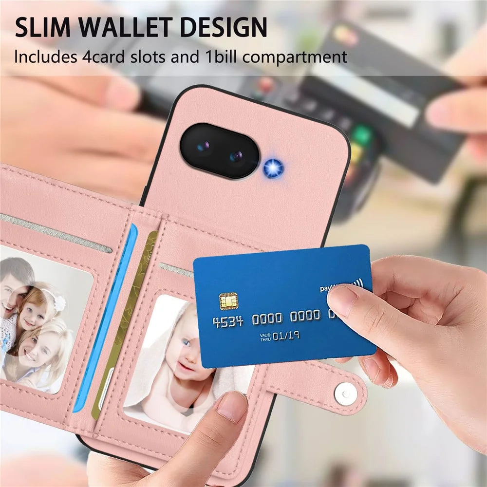 For Google Pixel 9a Case RFID Blocking Card Holder Kickstand TPU + PU Leather Phone Back Cover - Rose Gold - 6