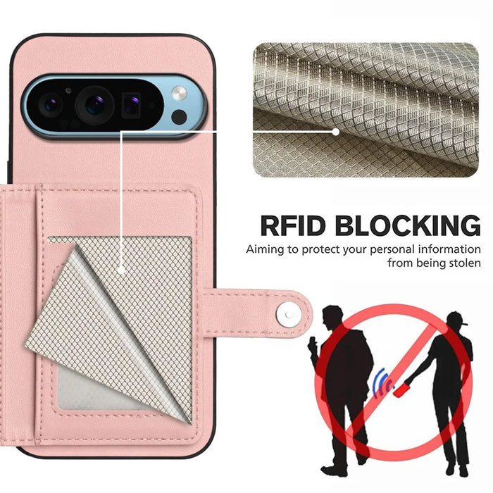 For Google Pixel 9 Pro Case RFID Blocking Card Holder Kickstand TPU + PU Leather Phone Back Cover - Rose Gold - 4