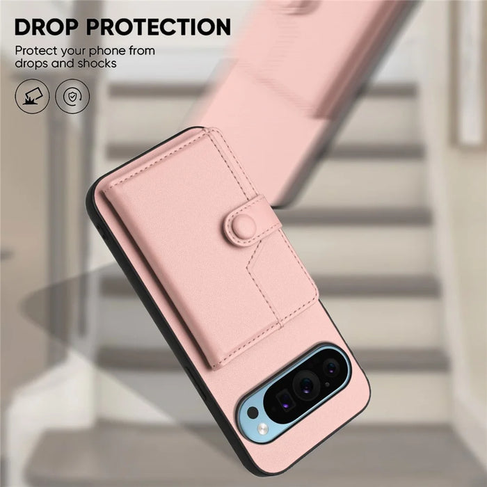 For Google Pixel 9 Pro Case RFID Blocking Card Holder Kickstand TPU + PU Leather Phone Back Cover - Rose Gold - 5