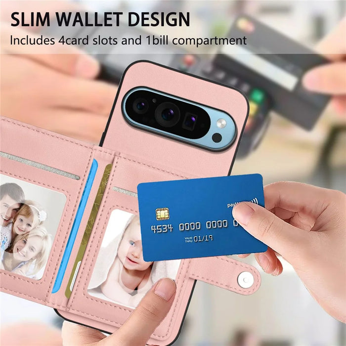 For Google Pixel 9 Pro Case RFID Blocking Card Holder Kickstand TPU + PU Leather Phone Back Cover - Rose Gold - 6