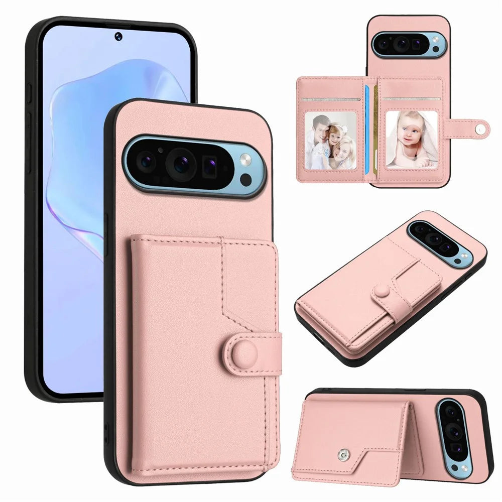 For Google Pixel 9 Case RFID Blocking Card Holder Kickstand TPU + PU Leather Phone Back Cover - Rose Gold - 1