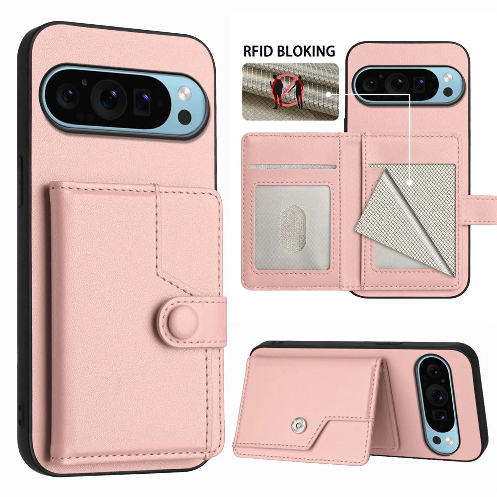 For Google Pixel 9 Case RFID Blocking Card Holder Kickstand TPU + PU Leather Phone Back Cover - Rose Gold - 3