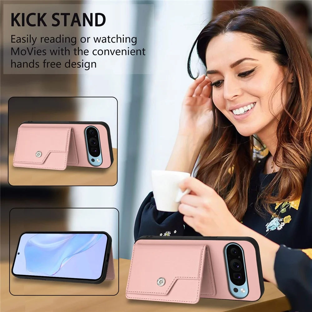 For Google Pixel 9 Case RFID Blocking Card Holder Kickstand TPU + PU Leather Phone Back Cover - Rose Gold - 7