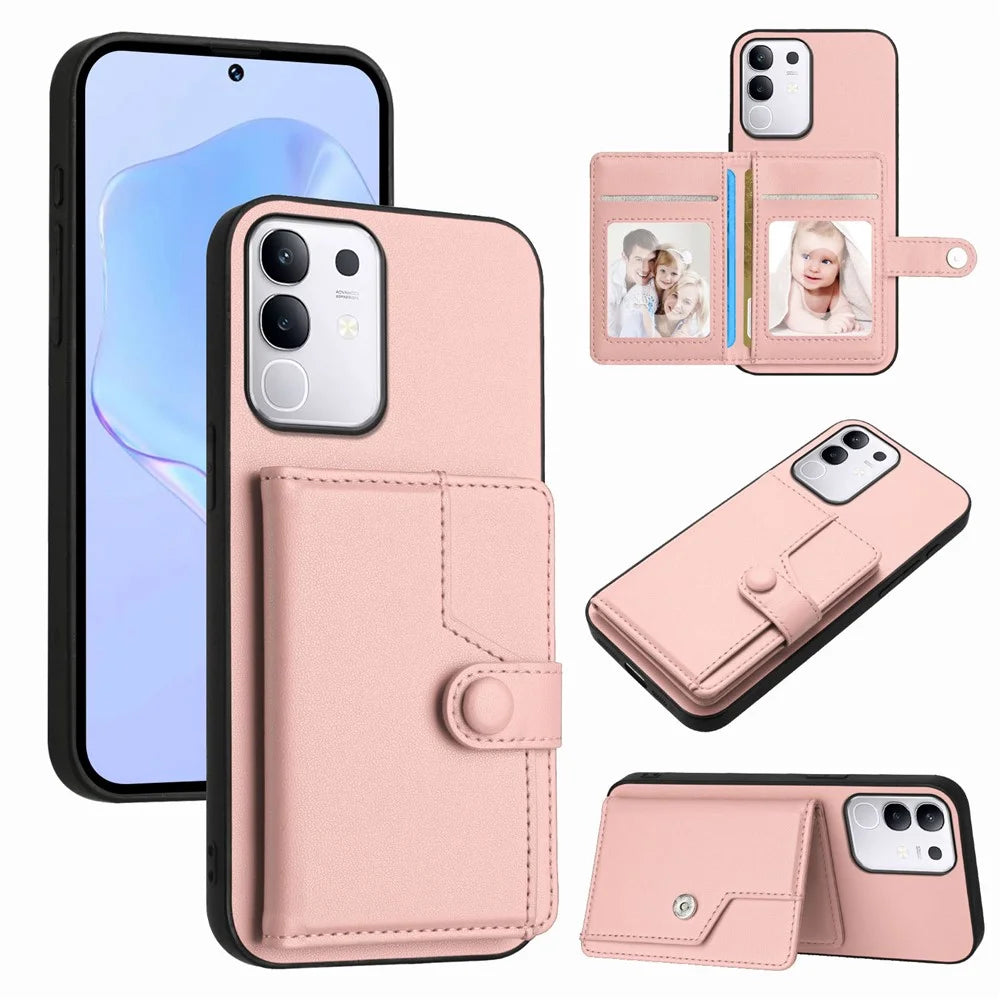 For vivo T4x 5G / vivo Y300t 5G / vivo iQOO Z10x 5G / vivo Y29 4G Case RFID Blocking Card Holder Kickstand TPU + PU Leather Phone Back Cover - Rose Gold - 1