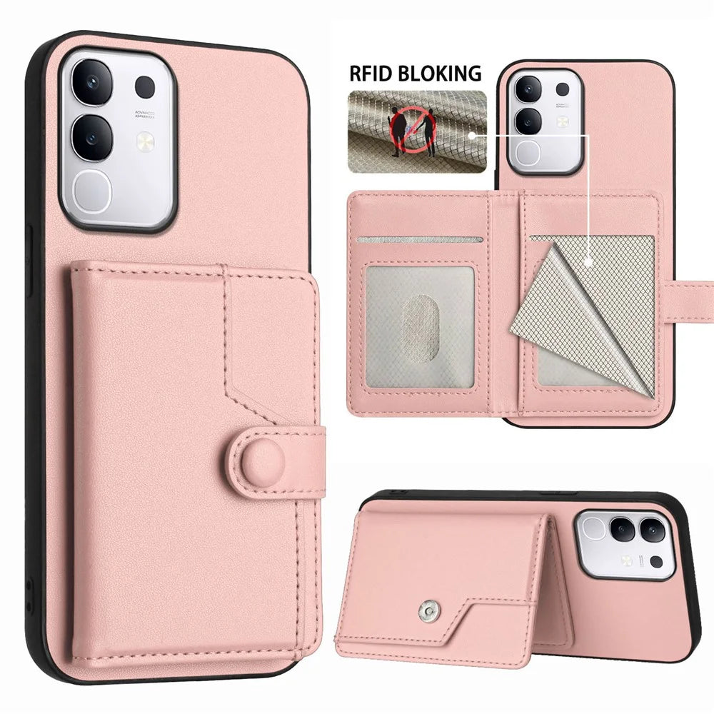 For vivo T4x 5G / vivo Y300t 5G / vivo iQOO Z10x 5G / vivo Y29 4G Case RFID Blocking Card Holder Kickstand TPU + PU Leather Phone Back Cover - Rose Gold - 3