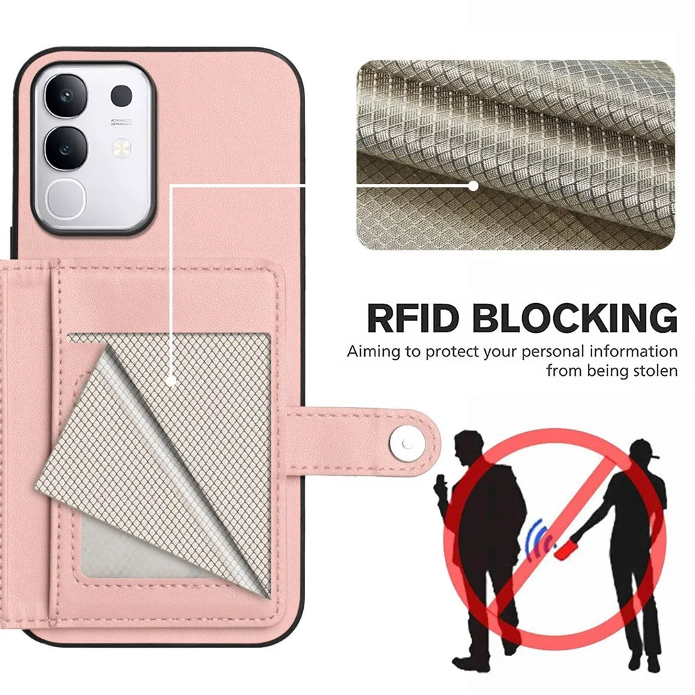 For vivo T4x 5G / vivo Y300t 5G / vivo iQOO Z10x 5G / vivo Y29 4G Case RFID Blocking Card Holder Kickstand TPU + PU Leather Phone Back Cover - Rose Gold - 4