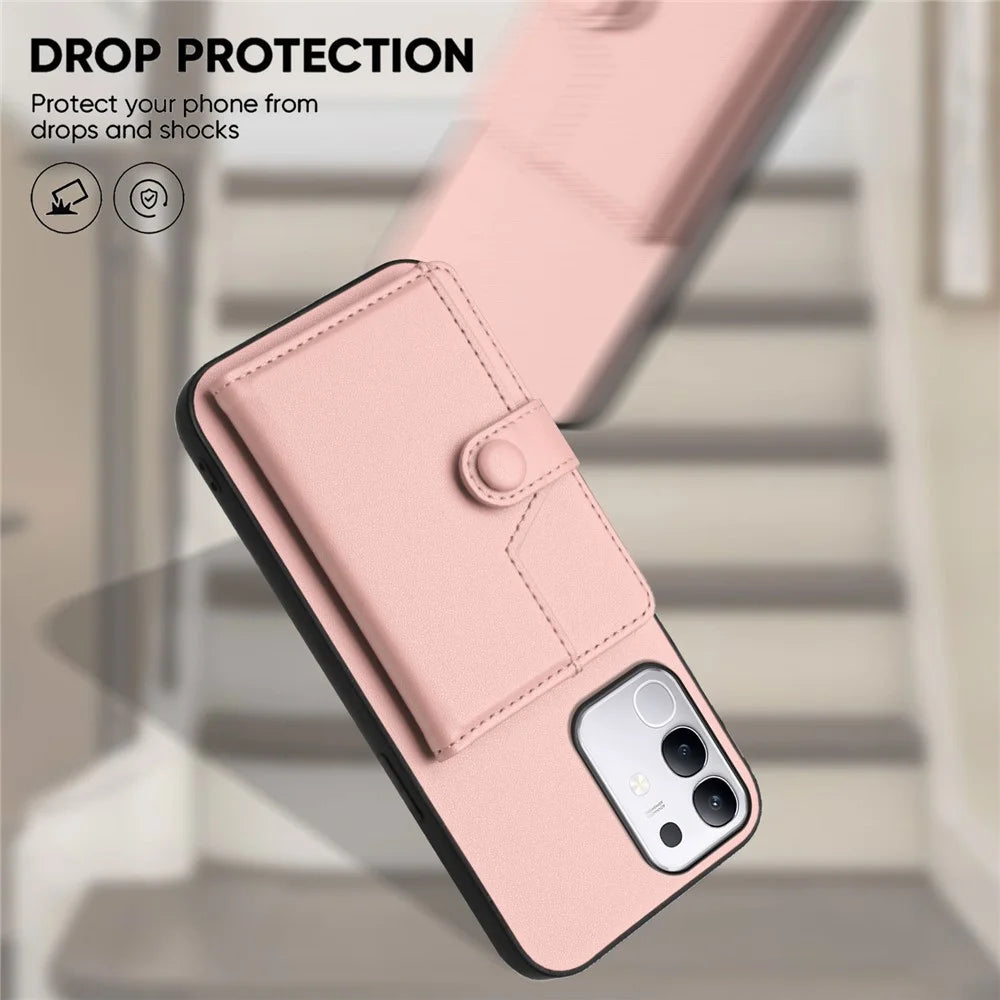 For vivo T4x 5G / vivo Y300t 5G / vivo iQOO Z10x 5G / vivo Y29 4G Case RFID Blocking Card Holder Kickstand TPU + PU Leather Phone Back Cover - Rose Gold - 5