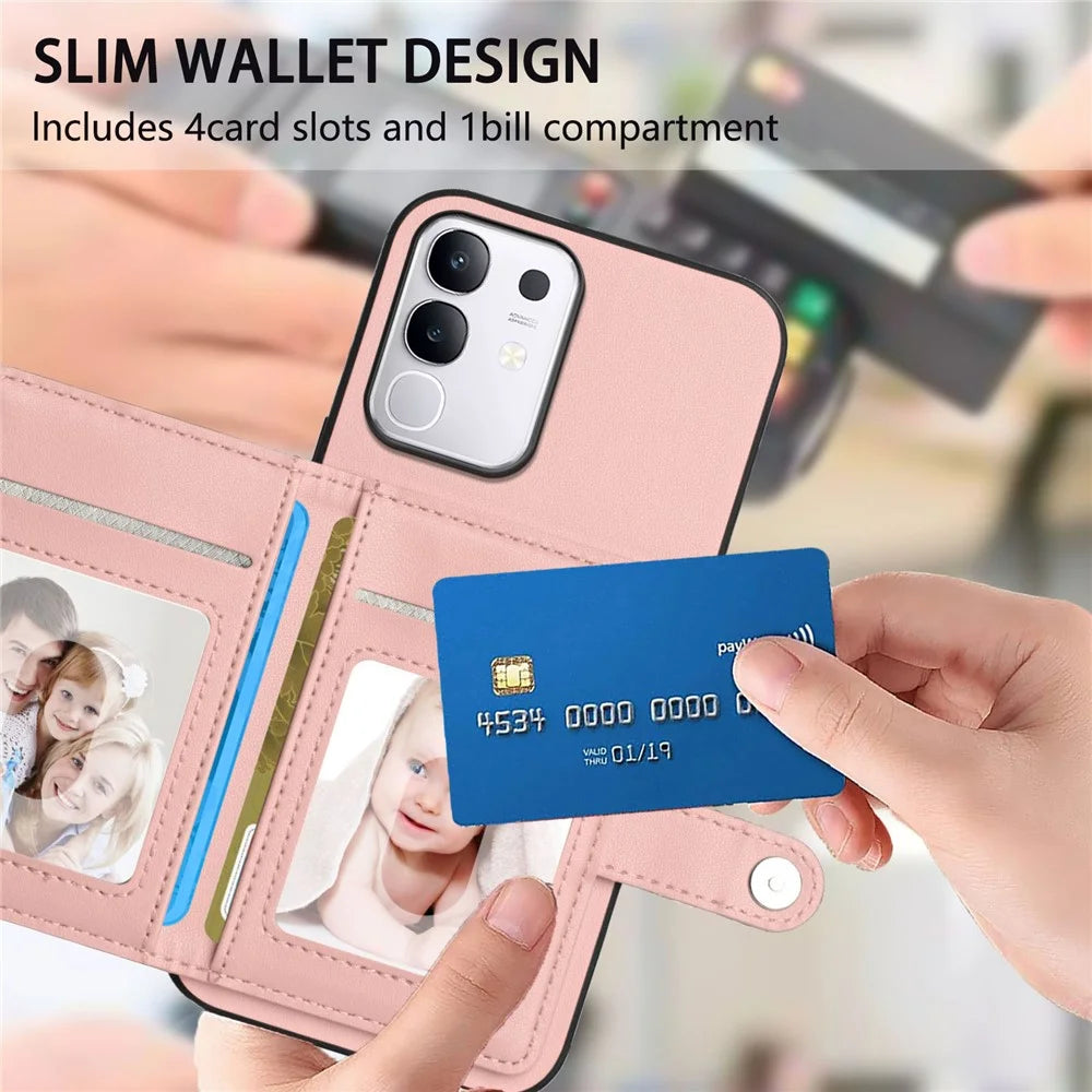 For vivo T4x 5G / vivo Y300t 5G / vivo iQOO Z10x 5G / vivo Y29 4G Case RFID Blocking Card Holder Kickstand TPU + PU Leather Phone Back Cover - Rose Gold - 6